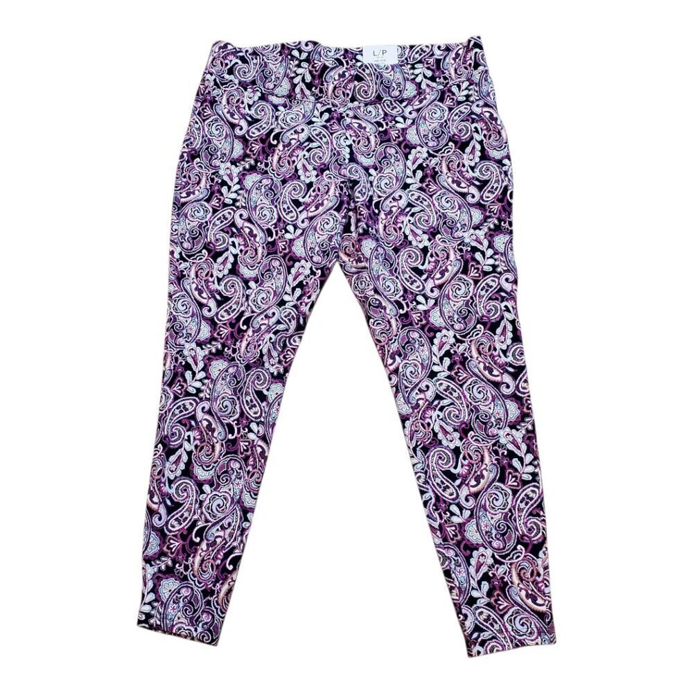NEW LANDS' END SZ L Petite Starfish Mid Rise Paisley Legging Navy Blue Purple